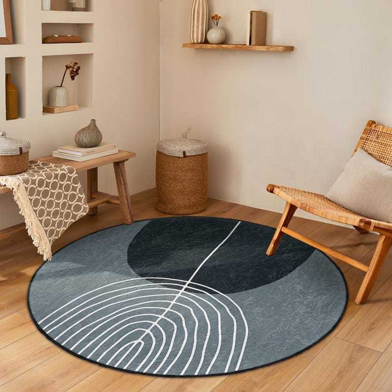 Abstract Geometric Leaf Round Rug - Gray Leaf Line Pattern Circle Accent Rug - Modern Round Carpet - Gray Round Area Rug -Stylish Circle Mat