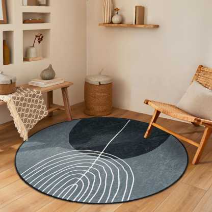 Abstract Geometric Leaf Round Rug - Gray Leaf Line Pattern Circle Accent Rug - Modern Round Carpet - Gray Round Area Rug -Stylish Circle Mat