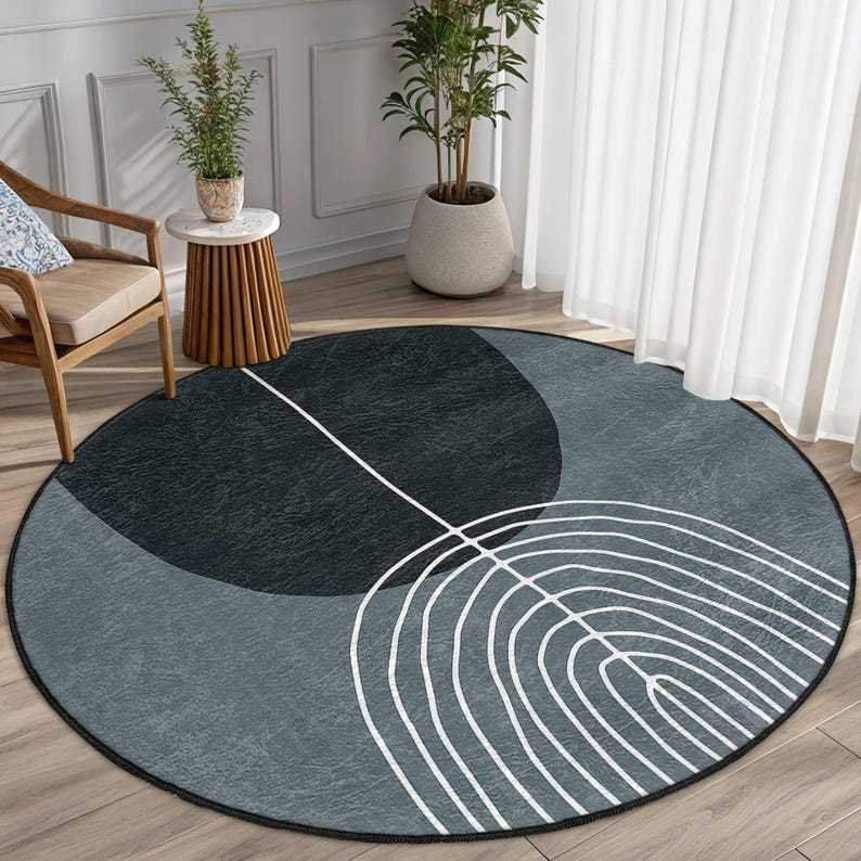 Abstract Geometric Leaf Round Rug - Gray Leaf Line Pattern Circle Accent Rug - Modern Round Carpet - Gray Round Area Rug -Stylish Circle Mat