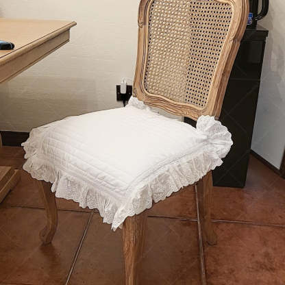 White Cotton Seat Cushion Quilted Pad with Lace Trim