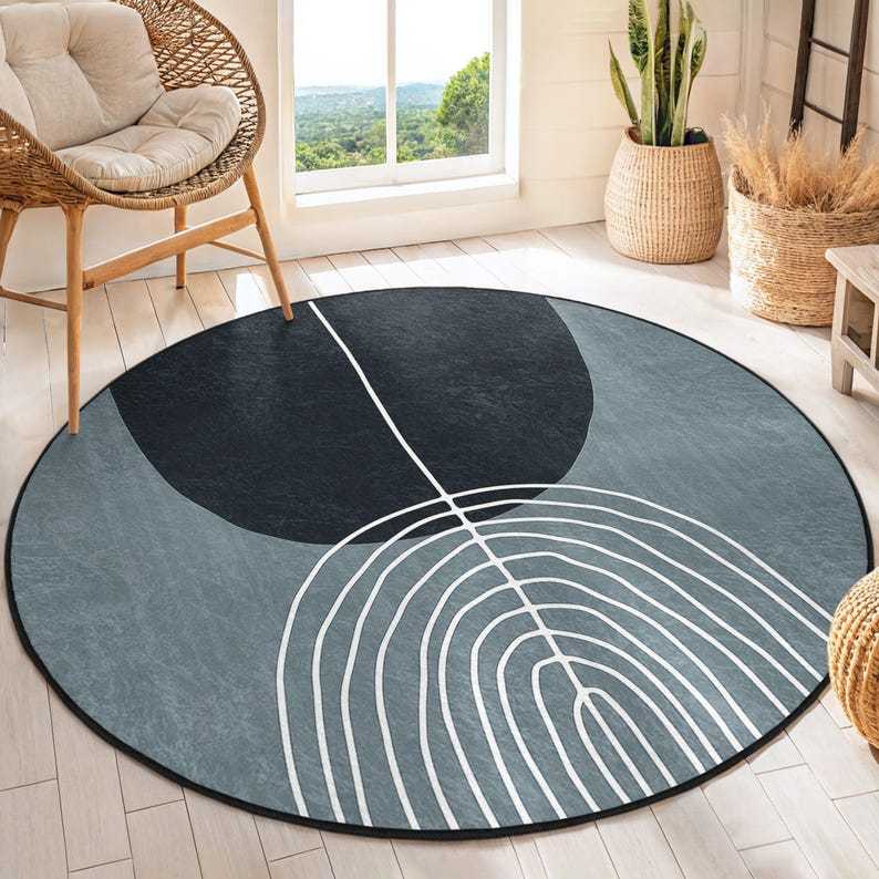 Abstract Geometric Leaf Round Rug - Gray Leaf Line Pattern Circle Accent Rug - Modern Round Carpet - Gray Round Area Rug -Stylish Circle Mat