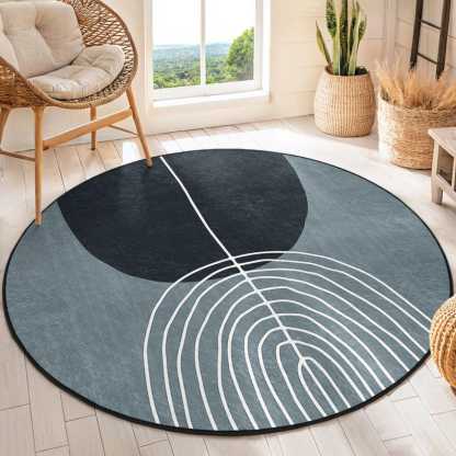 Abstract Geometric Leaf Round Rug - Gray Leaf Line Pattern Circle Accent Rug - Modern Round Carpet - Gray Round Area Rug -Stylish Circle Mat