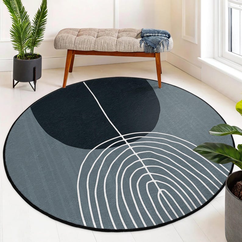 Abstract Geometric Leaf Round Rug - Gray Leaf Line Pattern Circle Accent Rug - Modern Round Carpet - Gray Round Area Rug -Stylish Circle Mat