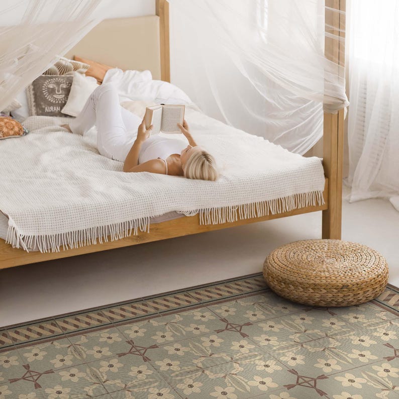 Flowers And Petals In Retro Style Mosaics Bedroom Rug, Tiles And Tiles Vinyl Carpet, Brown Vinyl Rug, Waterproof Rug, Pet Friendly Rug