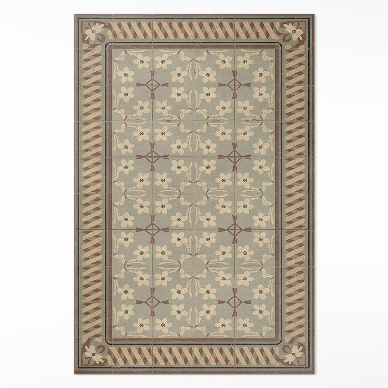 Flowers And Petals In Retro Style Mosaics Bedroom Rug, Tiles And Tiles Vinyl Carpet, Brown Vinyl Rug, Waterproof Rug, Pet Friendly Rug