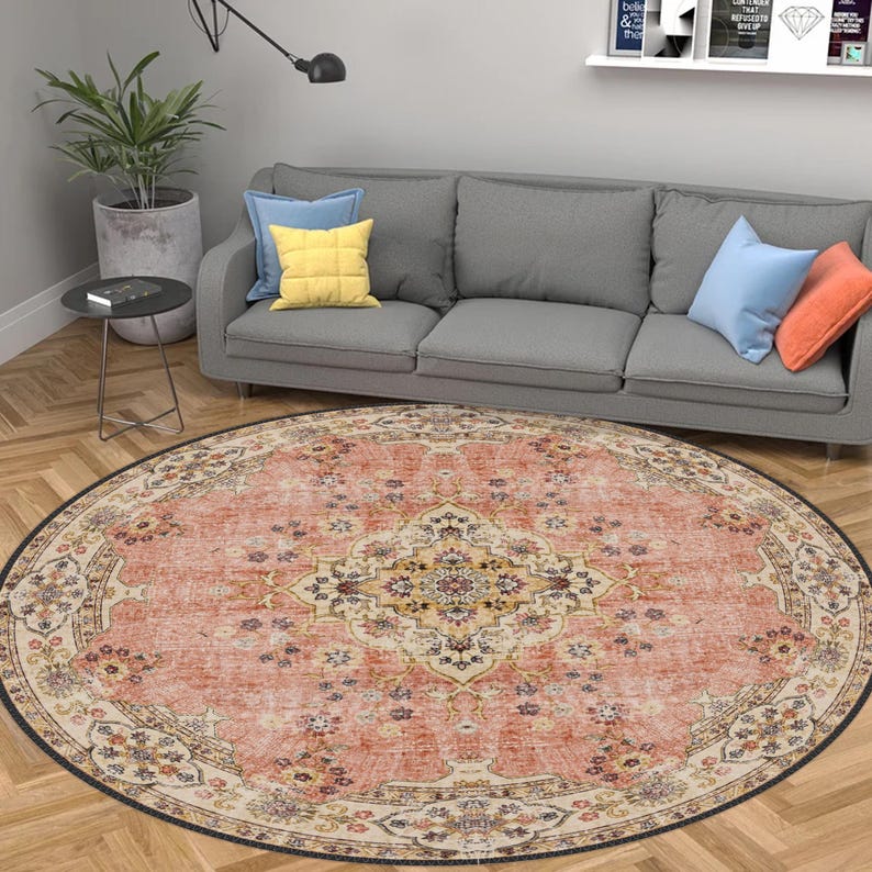 Vintage Style Round Rug, Antique Look Teppich, Washable Non-Slip Round Area Rug, Turkish Distressed Large Rug 8x8, Rugs for Living Room