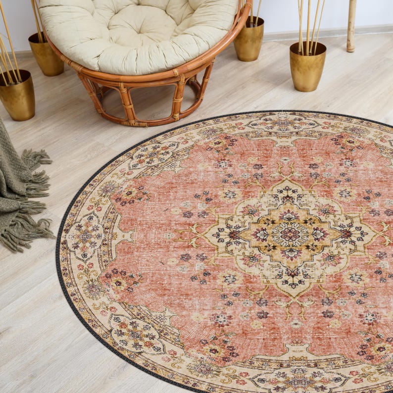 Vintage Style Round Rug, Antique Look Teppich, Washable Non-Slip Round Area Rug, Turkish Distressed Large Rug 8x8, Rugs for Living Room