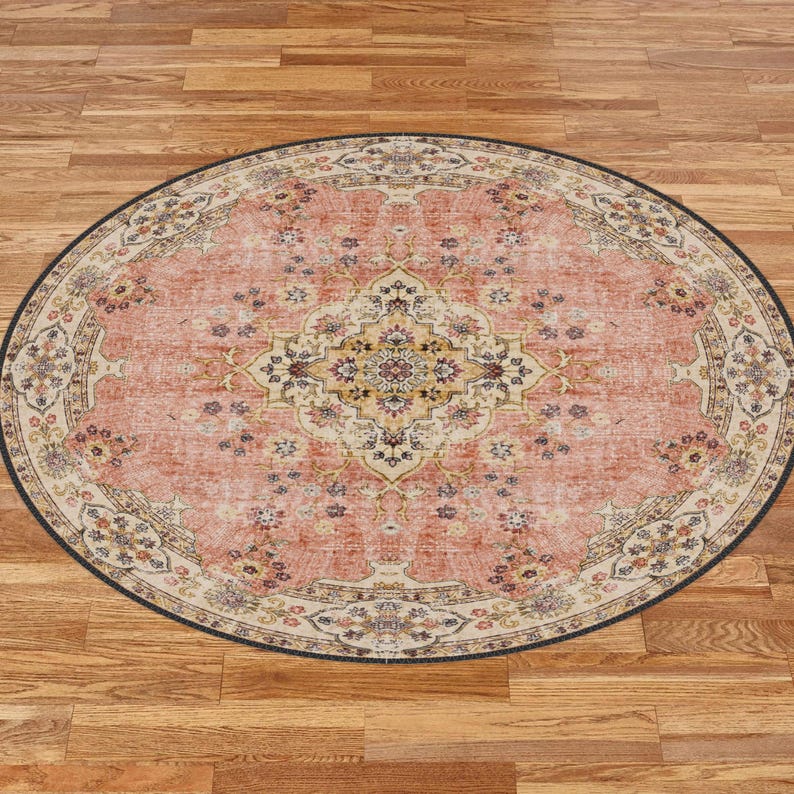 Vintage Style Round Rug, Antique Look Teppich, Washable Non-Slip Round Area Rug, Turkish Distressed Large Rug 8x8, Rugs for Living Room