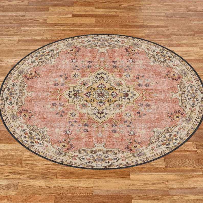 Vintage Style Round Rug, Antique Look Teppich, Washable Non-Slip Round Area Rug, Turkish Distressed Large Rug 8x8, Rugs for Living Room
