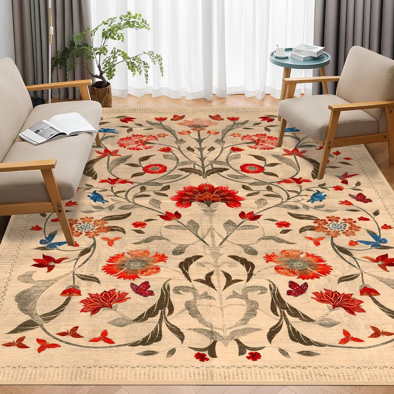 Boho Chic Elegance Floral Rug, Turkish Modern Unique Rug, Washable Non-Slip Rug, Distressed Large Area Rug, Rugs for Living Room Bedroom