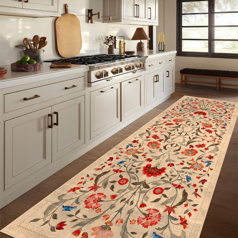Boho Chic Elegance Floral Rug, Turkish Modern Unique Rug, Washable Non-Slip Rug, Distressed Large Area Rug, Rugs for Living Room Bedroom