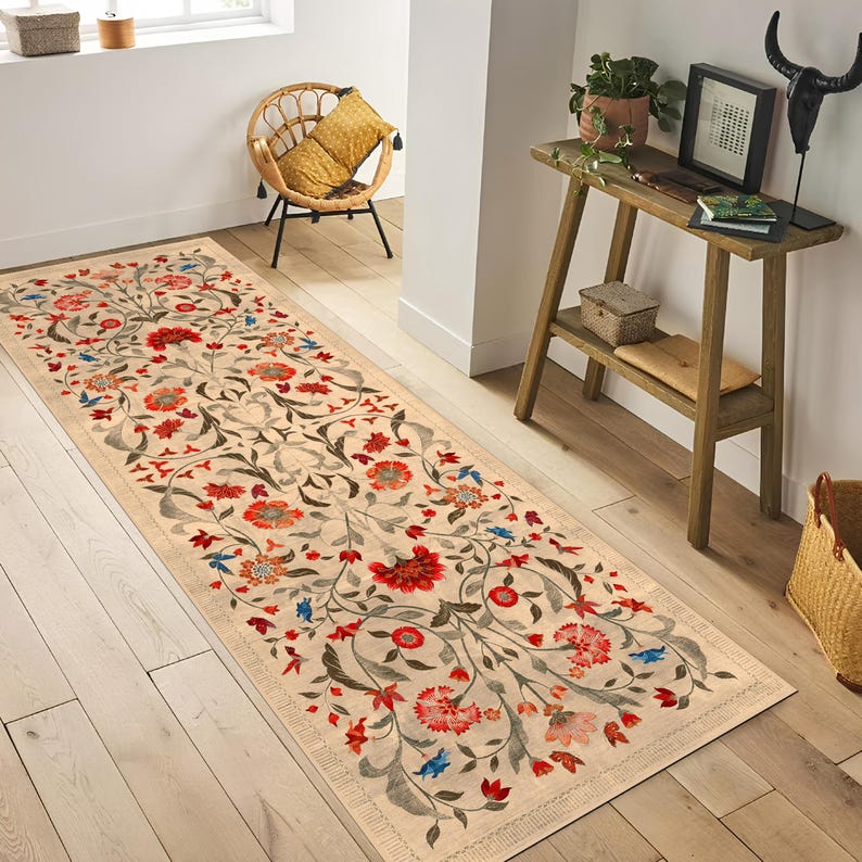 Boho Chic Elegance Floral Rug, Turkish Modern Unique Rug, Washable Non-Slip Rug, Distressed Large Area Rug, Rugs for Living Room Bedroom