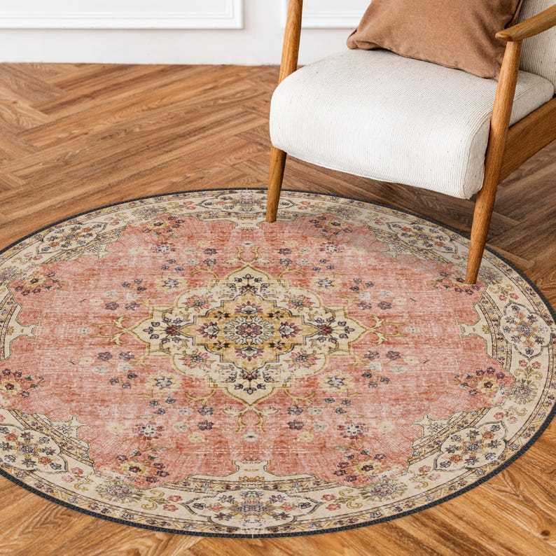 Vintage Style Round Rug, Antique Look Teppich, Washable Non-Slip Round Area Rug, Turkish Distressed Large Rug 8x8, Rugs for Living Room