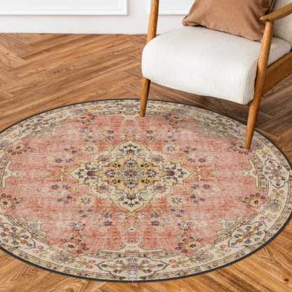 Vintage Style Round Rug, Antique Look Teppich, Washable Non-Slip Round Area Rug, Turkish Distressed Large Rug 8x8, Rugs for Living Room