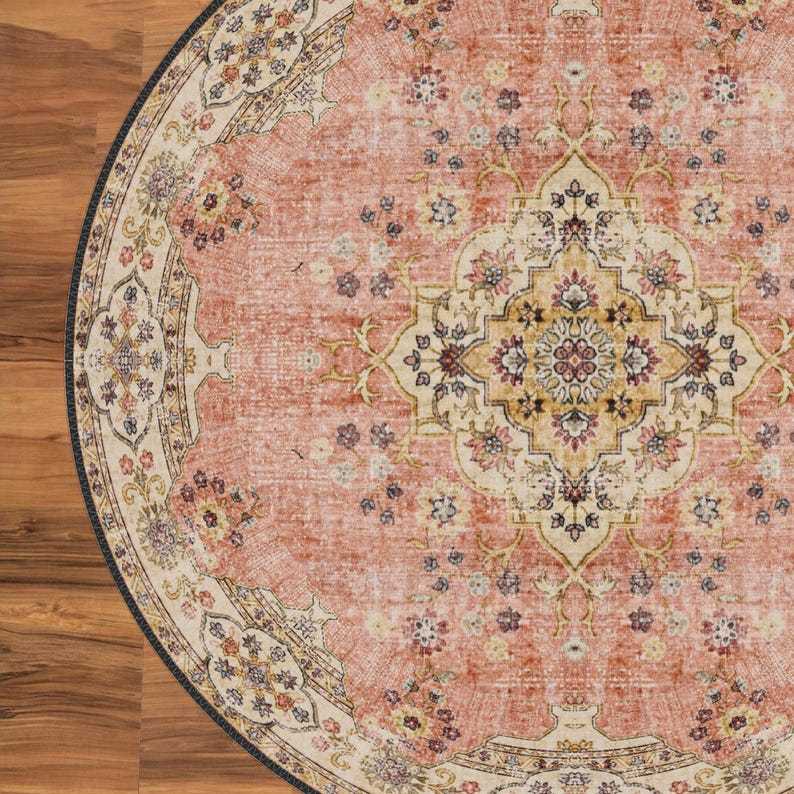 Vintage Style Round Rug, Antique Look Teppich, Washable Non-Slip Round Area Rug, Turkish Distressed Large Rug 8x8, Rugs for Living Room