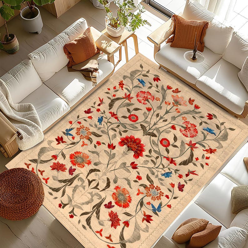 Boho Chic Elegance Floral Rug, Turkish Modern Unique Rug, Washable Non-Slip Rug, Distressed Large Area Rug, Rugs for Living Room Bedroom