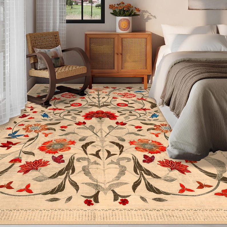 Boho Chic Elegance Floral Rug, Turkish Modern Unique Rug, Washable Non-Slip Rug, Distressed Large Area Rug, Rugs for Living Room Bedroom