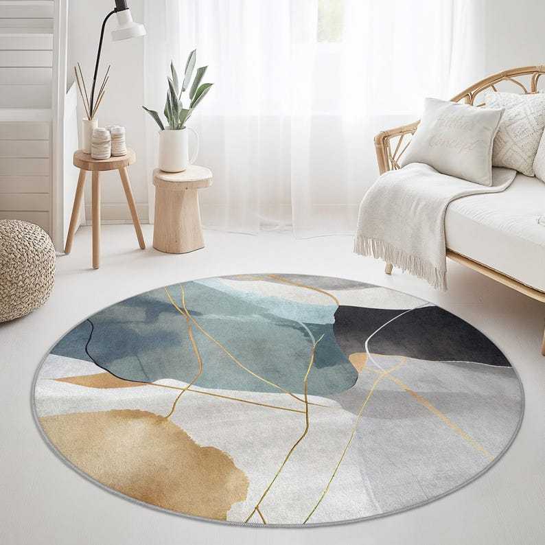 Abstract Geometric Round Area Rug, Modern Round Carpet, Artistic Round Rug for Living Room, Stylish Home Decor, Soft Round Mat