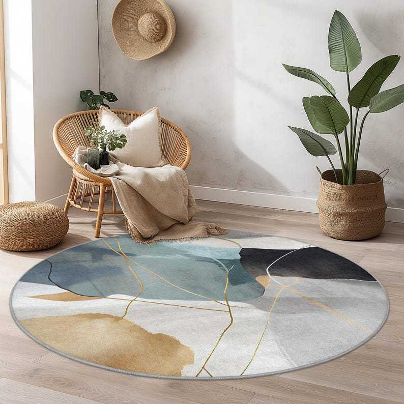 Abstract Geometric Round Area Rug, Modern Round Carpet, Artistic Round Rug for Living Room, Stylish Home Decor, Soft Round Mat