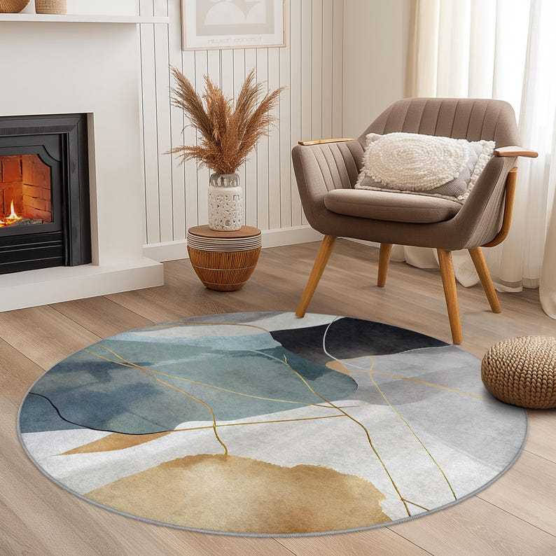 Abstract Geometric Round Area Rug, Modern Round Carpet, Artistic Round Rug for Living Room, Stylish Home Decor, Soft Round Mat