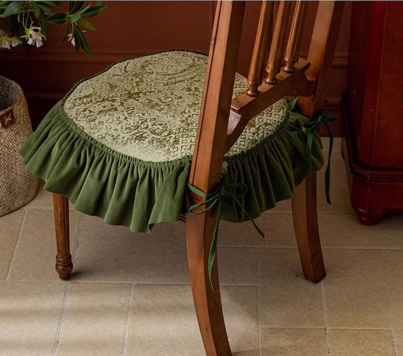 Green Chair Seat Cover with Ruffle| Retro French Chair seat pad|Housewarming Gift,Home Living Room Decor