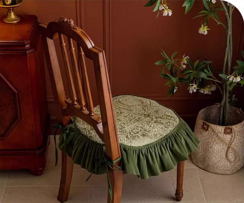 Green Chair Seat Cover with Ruffle| Retro French Chair seat pad|Housewarming Gift,Home Living Room Decor