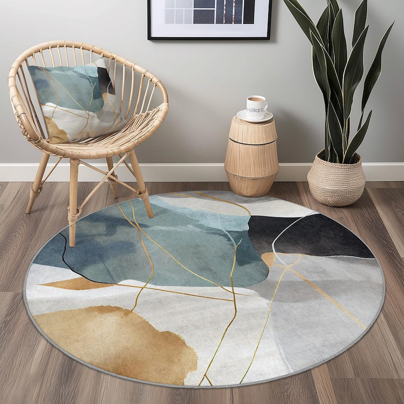 Abstract Geometric Round Area Rug, Modern Round Carpet, Artistic Round Rug for Living Room, Stylish Home Decor, Soft Round Mat