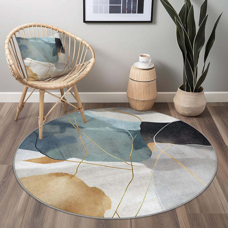 Abstract Geometric Round Area Rug, Modern Round Carpet, Artistic Round Rug for Living Room, Stylish Home Decor, Soft Round Mat