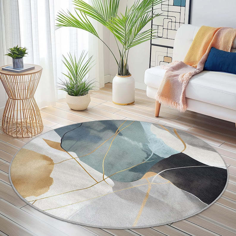 Abstract Geometric Round Area Rug, Modern Round Carpet, Artistic Round Rug for Living Room, Stylish Home Decor, Soft Round Mat