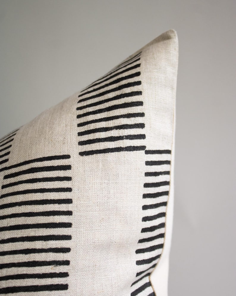 Black Striped Linen Pillow Cover: Hand Block Print, Modern Throw Cushion | DIEGO
