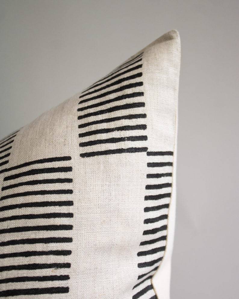 Black Striped Linen Pillow Cover: Hand Block Print, Modern Throw Cushion | DIEGO