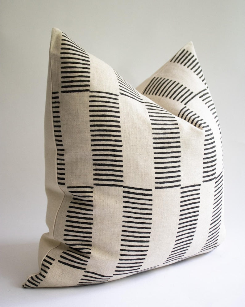 Black Striped Linen Pillow Cover: Hand Block Print, Modern Throw Cushion | DIEGO