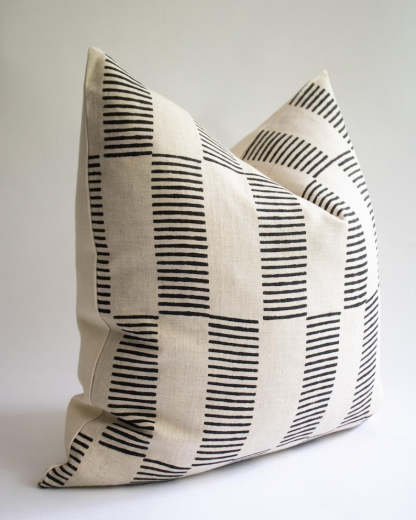 Black Striped Linen Pillow Cover: Hand Block Print, Modern Throw Cushion | DIEGO