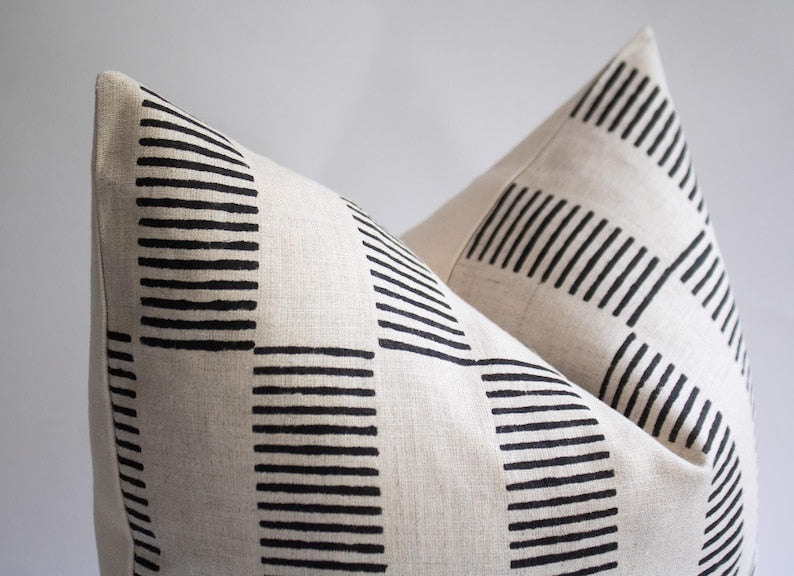 Black Striped Linen Pillow Cover: Hand Block Print, Modern Throw Cushion | DIEGO