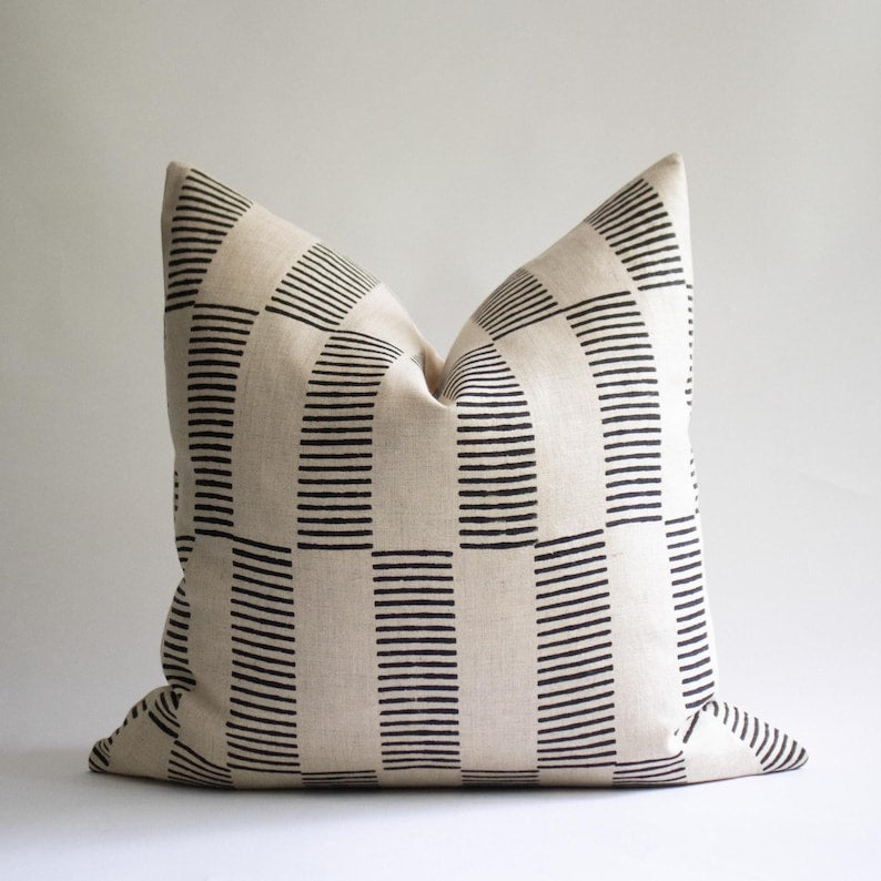 Black Striped Linen Pillow Cover: Hand Block Print, Modern Throw Cushion | DIEGO