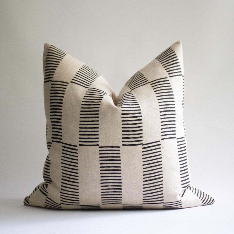 Black Striped Linen Pillow Cover: Hand Block Print, Modern Throw Cushion | DIEGO