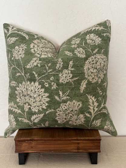 Pillow cover sham cushion in an earthy green with tan taupe flowers. Linen and cotton fabric. Bottom hidden zipper. Made to order.