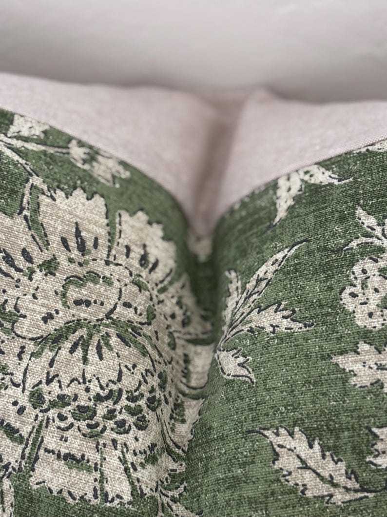 Pillow cover sham cushion in an earthy green with tan taupe flowers. Linen and cotton fabric. Bottom hidden zipper. Made to order.