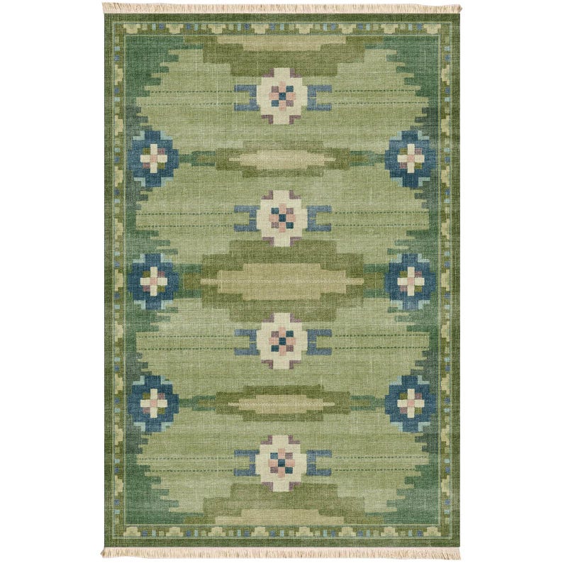 70s Inspired Green Vintage Washable Rug with Anatolian Kilim Motif Recycled Cotton Digital Printed Rug Non Slip Stain Resist Röllakan 164
