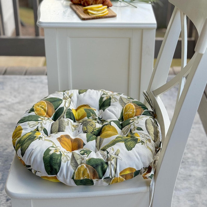 Lemon Round Chair Cushion with Ties Summer Kitchen Garden Decor Dining Chair Cushion Gift for Hostess Round Pad Lemon Gift for Meditation