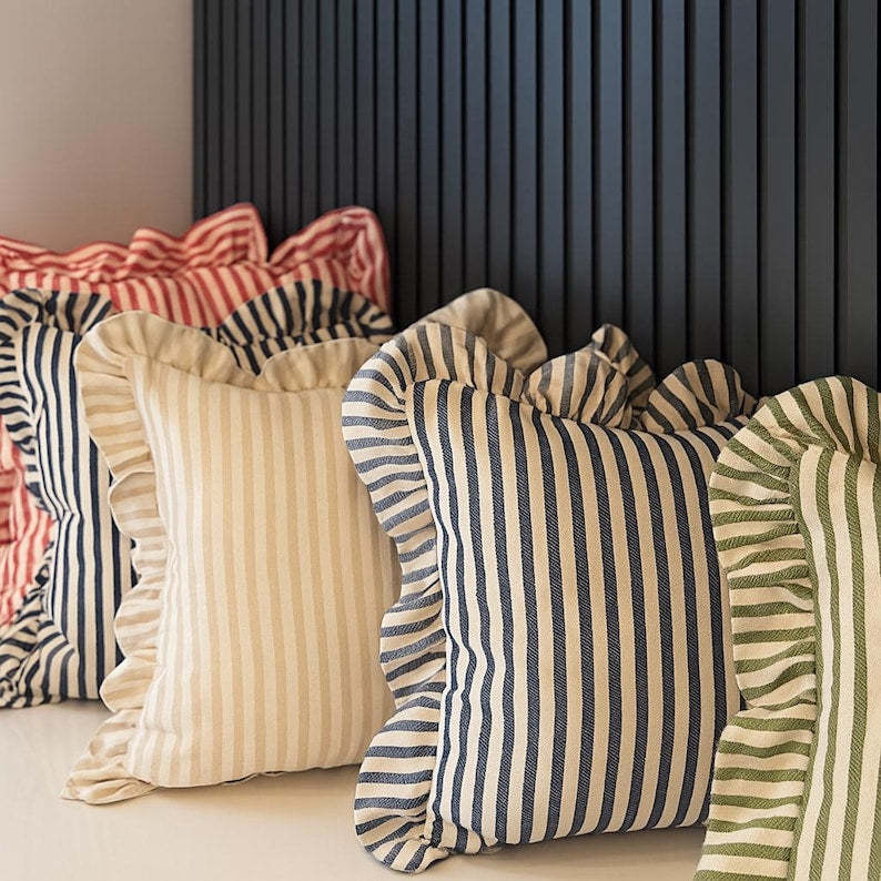 Linen Pillow Cover with Frill, Cream Ruffle Throw Pillow, Cotton Linen Cushion Case in 10 Colors – Custom Size Decorative Pillow Sham