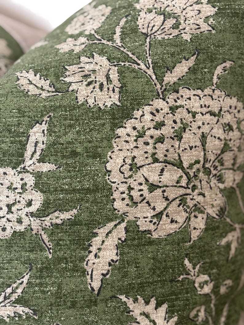 Pillow cover sham cushion in an earthy green with tan taupe flowers. Linen and cotton fabric. Bottom hidden zipper. Made to order.