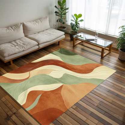 Wave Pattern Rug, Earth Tone Carpet, Green Beige Rug, Organic Modern Decor, Terracotta Living Room Rug, Natural Color Rug, Flow Line Rug