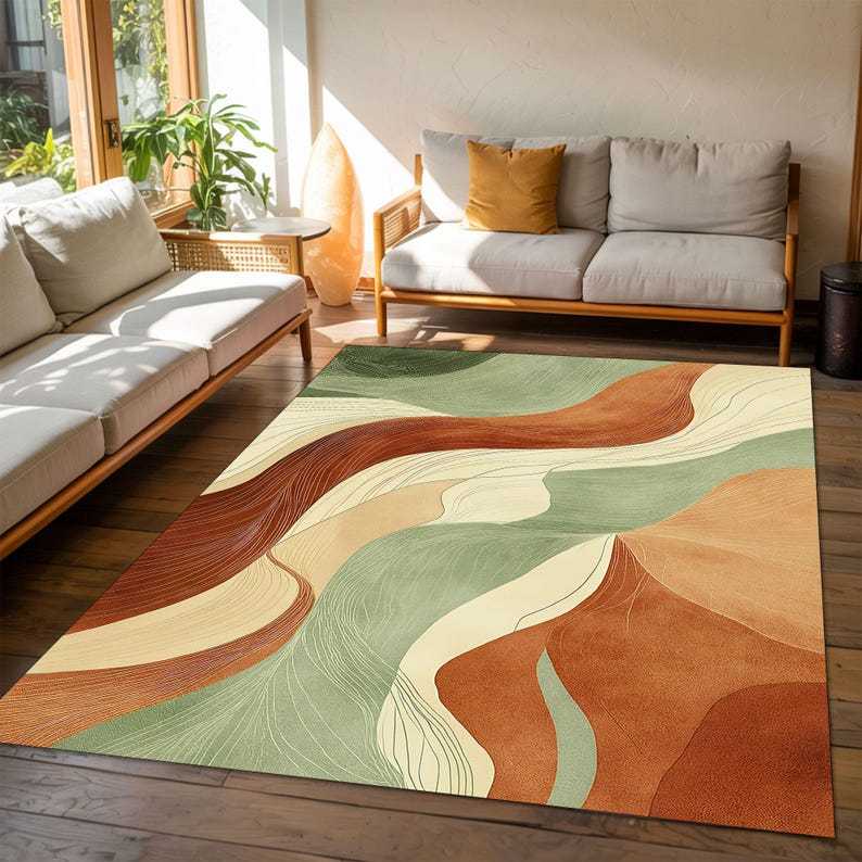 Wave Pattern Rug, Earth Tone Carpet, Green Beige Rug, Organic Modern Decor, Terracotta Living Room Rug, Natural Color Rug, Flow Line Rug