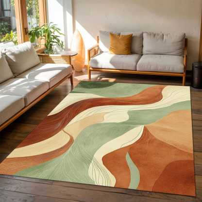 Wave Pattern Rug, Earth Tone Carpet, Green Beige Rug, Organic Modern Decor, Terracotta Living Room Rug, Natural Color Rug, Flow Line Rug