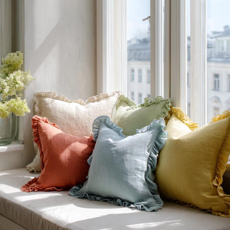 Linen Pillowcase With Ruffles Decorative Soft Ruffled Shams with Zipper closure Custom Size Breathable Pillow Cover Soft Ruffled Case