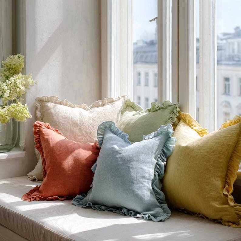 Linen Pillowcase With Ruffles Decorative Soft Ruffled Shams with Zipper closure Custom Size Breathable Pillow Cover Soft Ruffled Case