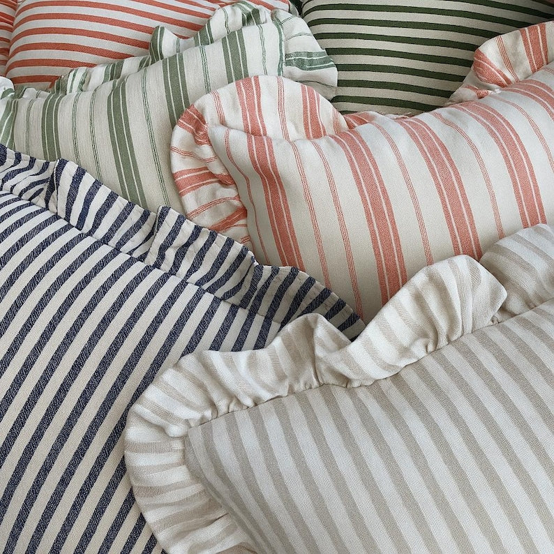 Linen Pillow Cover with Frill, Cream Ruffle Throw Pillow, Cotton Linen Cushion Case in 10 Colors – Custom Size Decorative Pillow Sham