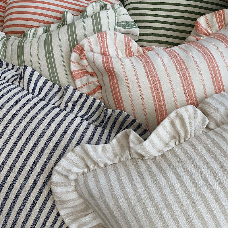 Linen Pillow Cover with Frill, Cream Ruffle Throw Pillow, Cotton Linen Cushion Case in 10 Colors – Custom Size Decorative Pillow Sham