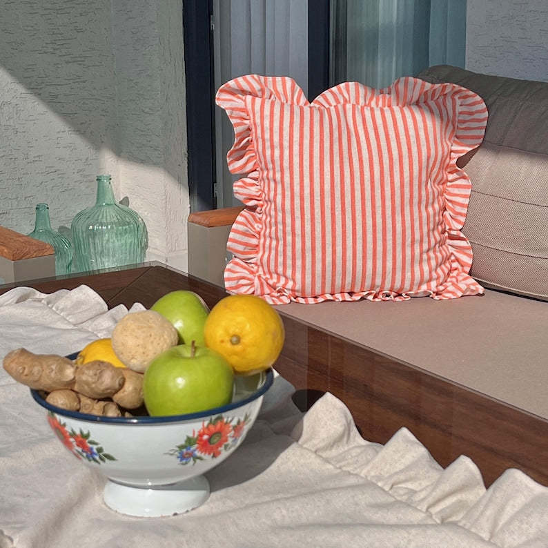 Linen Pillow Cover with Frill, Cream Ruffle Throw Pillow, Cotton Linen Cushion Case in 10 Colors – Custom Size Decorative Pillow Sham